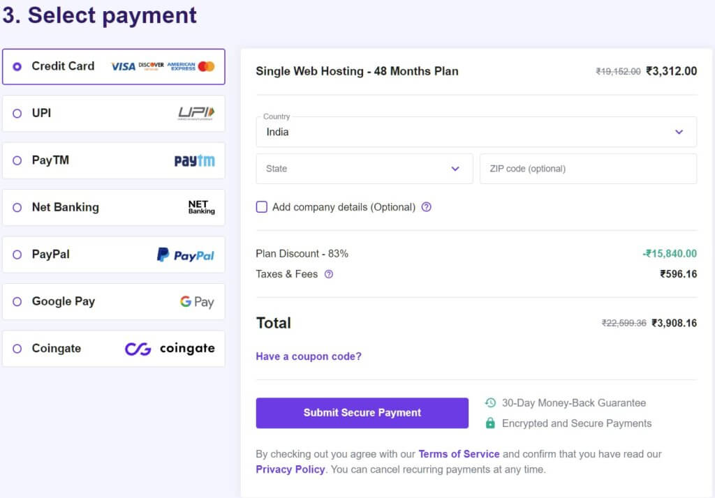 Hostinger Paymment Method