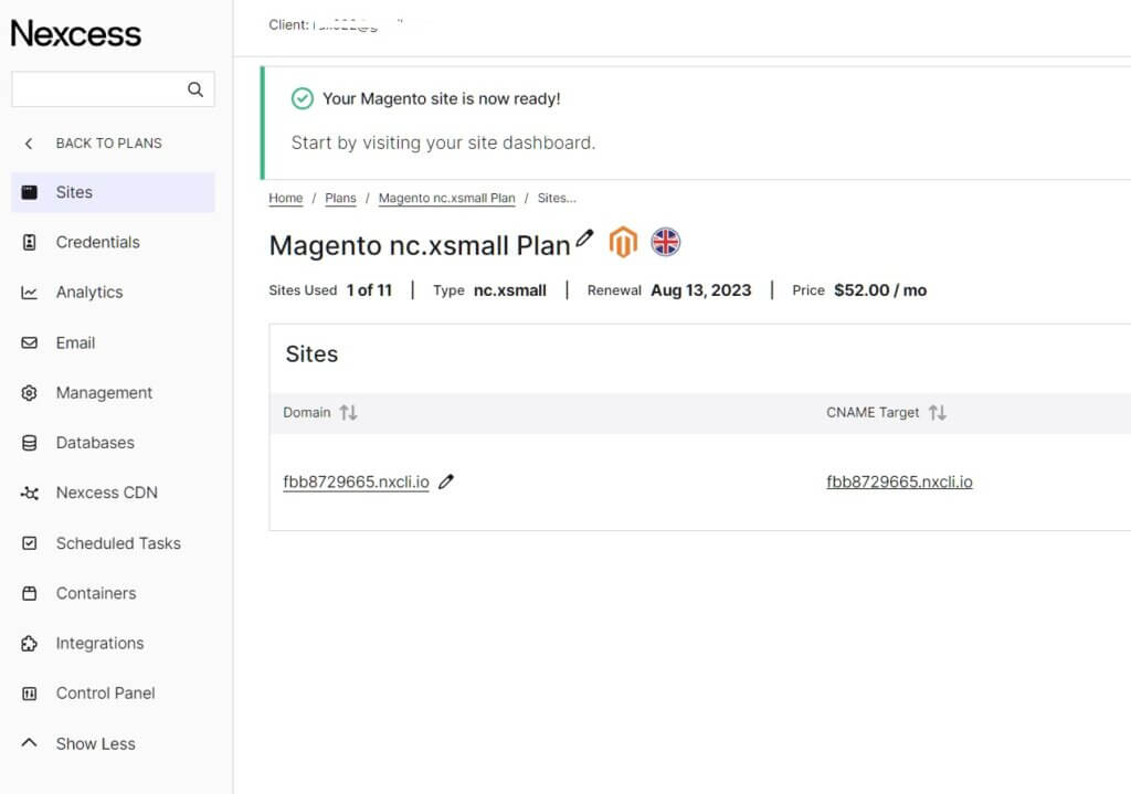 Nexcess Magento Site Dasboard